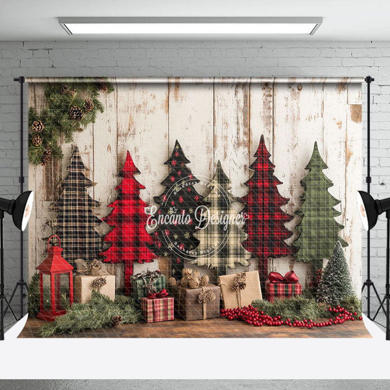 Aperturee - Aperturee Vintage Red Green Christmas Tree Wood Photo Backdrop