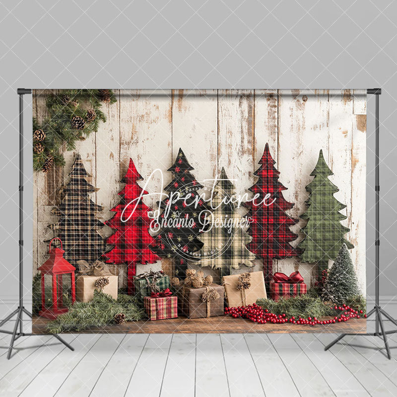 Aperturee - Aperturee Vintage Red Green Christmas Tree Wood Photo Backdrop