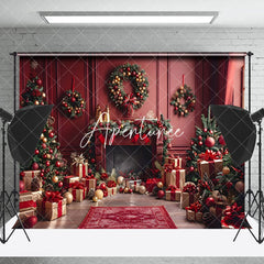 Aperturee - Aperturee Vintage Red Wall Gifts Trees Christmas Vibe Backdrop