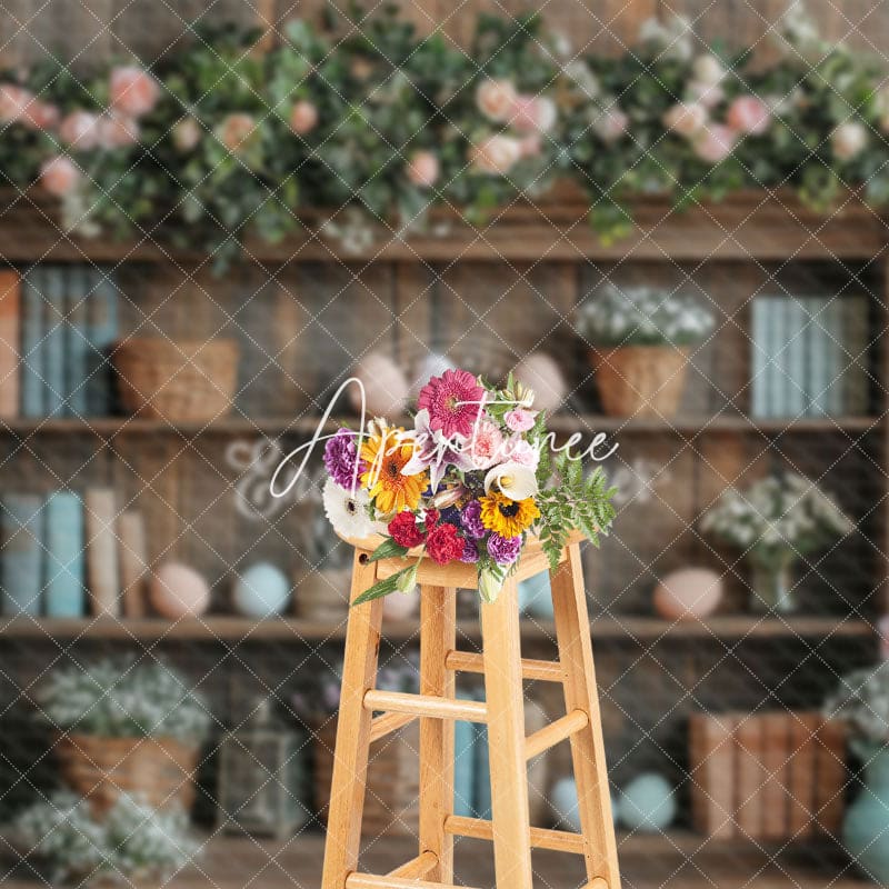 Aperturee - Aperturee Vintage Spring Floral Egg Bookshelf Easter Backdrop