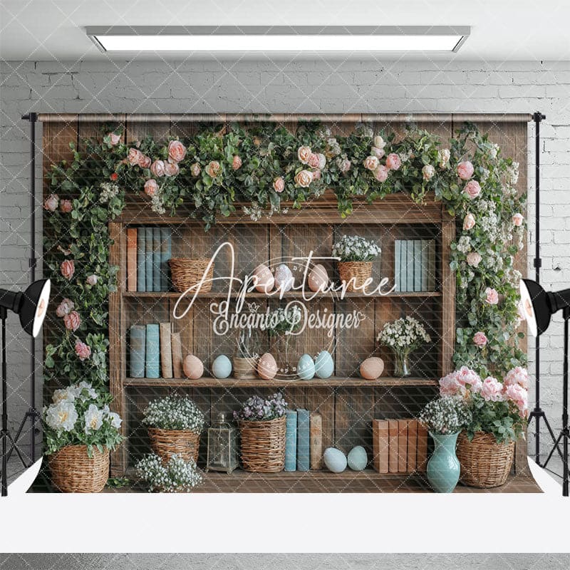 Aperturee - Aperturee Vintage Spring Floral Egg Bookshelf Easter Backdrop