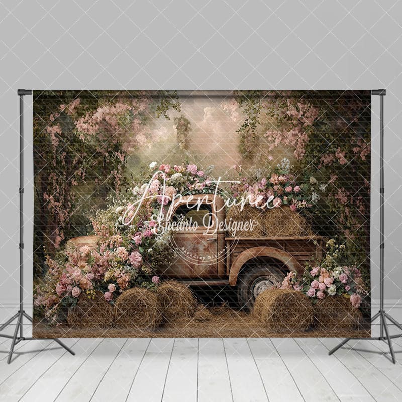 Aperturee - Aperturee Vintage Spring Truck Floral Backdrop For Photo Studio