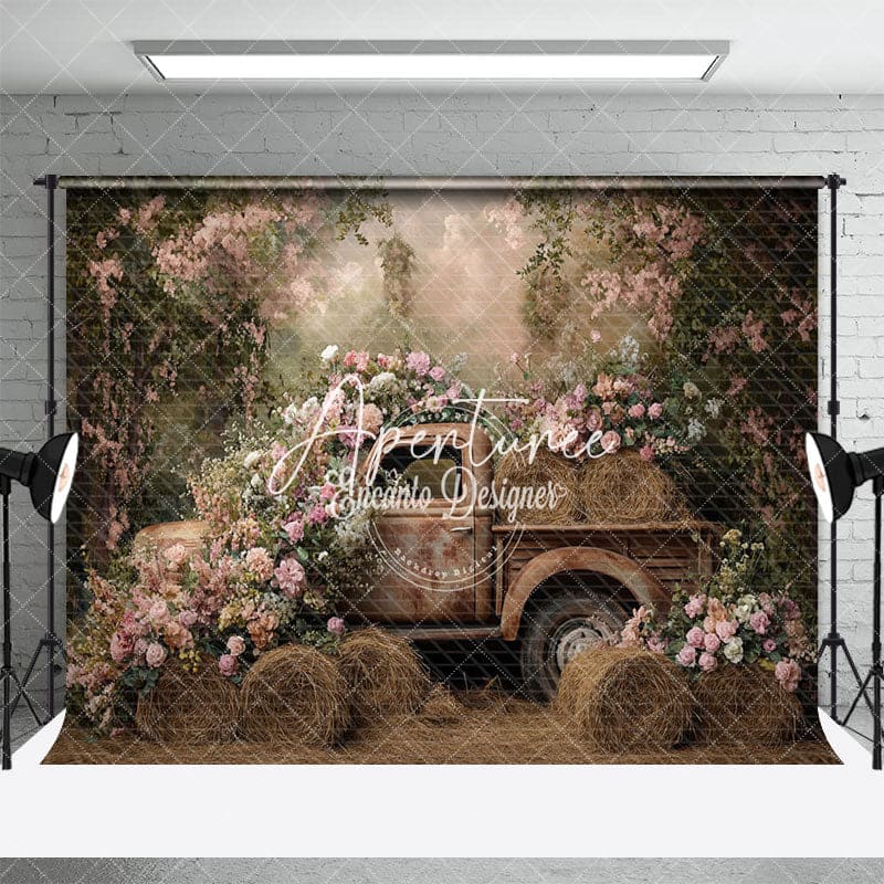 Aperturee - Aperturee Vintage Spring Truck Floral Backdrop For Photo Studio