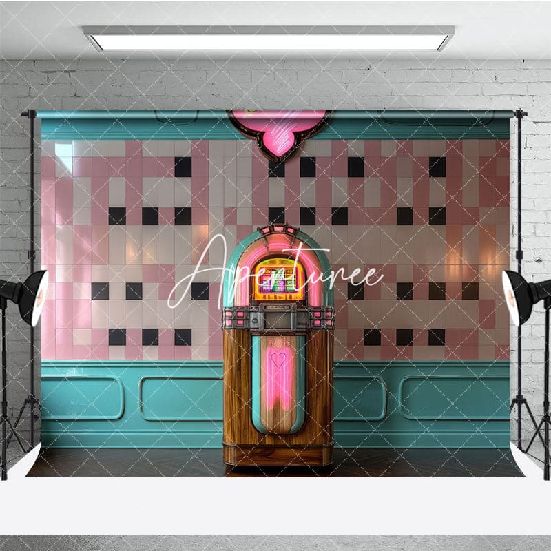 Aperturee - Aperturee Vintage Turquoise Jukebox Pink Tile Photo Backdrop