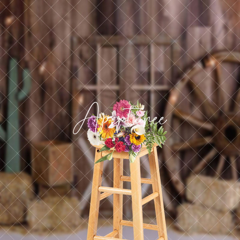 Aperturee - Aperturee Vintage Western Barn Hay Wood Wheel Door Backdrop