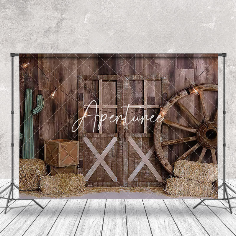 Aperturee - Aperturee Vintage Western Barn Hay Wood Wheel Door Backdrop