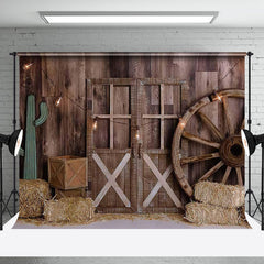 Aperturee - Aperturee Vintage Western Barn Hay Wood Wheel Door Backdrop