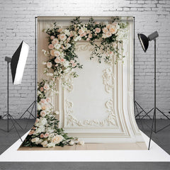 Aperturee - Aperturee Vintage White Wall Floral Wedding Photo Backdrop