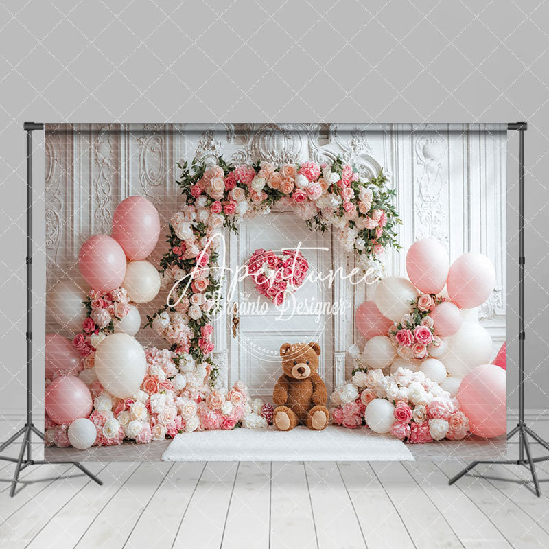 Aperturee - Aperturee Vintage White Wall Pink Floral Balloon Bear Backdrop