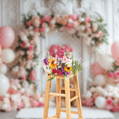 Aperturee - Aperturee Vintage White Wall Pink Floral Balloon Bear Backdrop