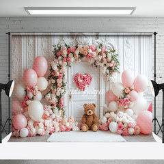 Aperturee - Aperturee Vintage White Wall Pink Floral Balloon Bear Backdrop