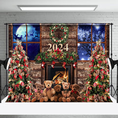 Aperturee - Aperturee Vintage Wood Fireplace Window Night Xmas Backdrop