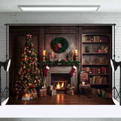 Aperturee - Aperturee Vintage Wooden Wall Fireplace Christmas Backdrop