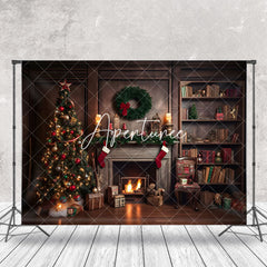 Aperturee - Aperturee Vintage Wooden Wall Fireplace Christmas Backdrop