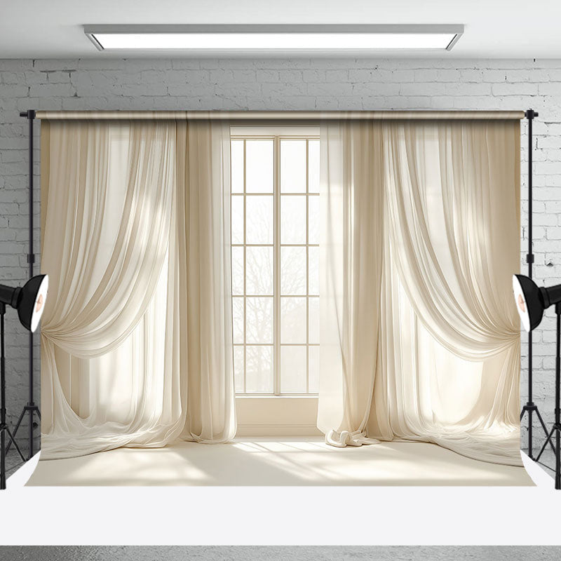 Aperturee - Aperturee Warm Beige Curtain Window Scenery Photo Backdrop