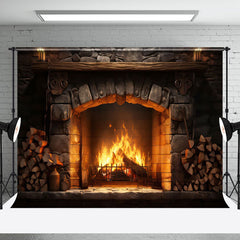 Aperturee - Aperturee Warm Brick Fireplace Wood Pile Photography Backdrop