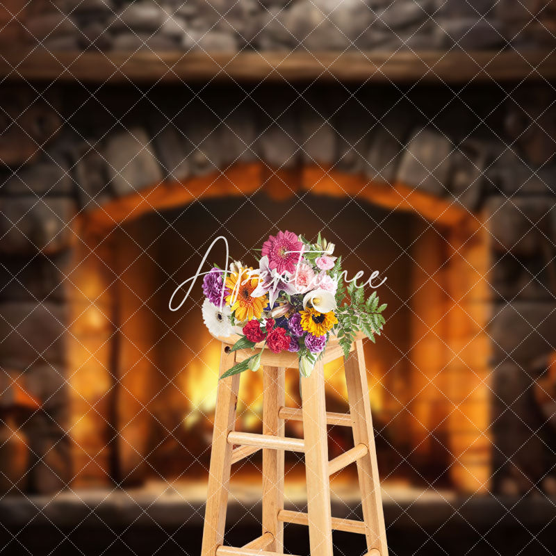 Aperturee - Aperturee Warm Brick Fireplace Wood Pile Photography Backdrop