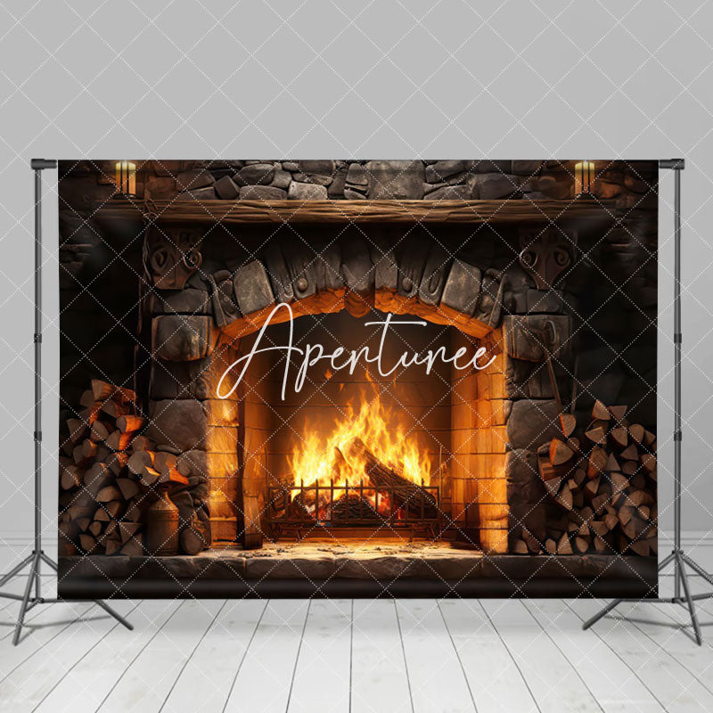 Aperturee - Aperturee Warm Brick Fireplace Wood Pile Photography Backdrop