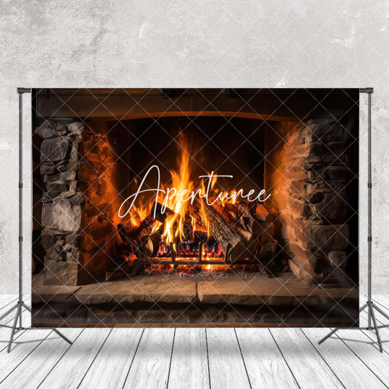 Aperturee - Aperturee Warm Burning Firewood Fireplace Christmas Backdrop