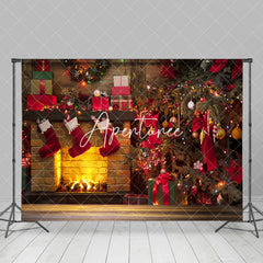 Aperturee - Aperturee Warm Cabin Brick Fireplace Christmas Tree Backdrop