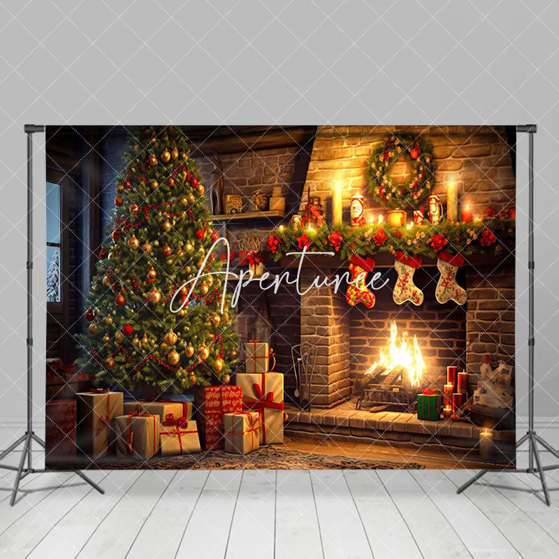 Aperturee - Aperturee Warm Candlelit Brick Fireplace Christmas Backdrop