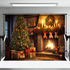 Aperturee - Aperturee Warm Candlelit Brick Fireplace Christmas Backdrop