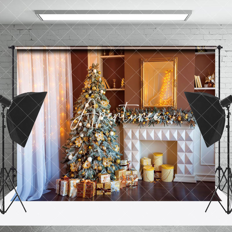 Aperturee - Aperturee Warm Curtain Tree Gift Fireplace Christmas Backdrop