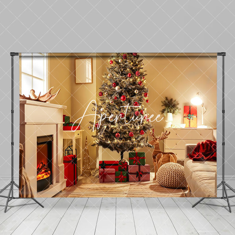 Aperturee - Aperturee Warm Festive Room Fireplace Christmas Tree Backdrop