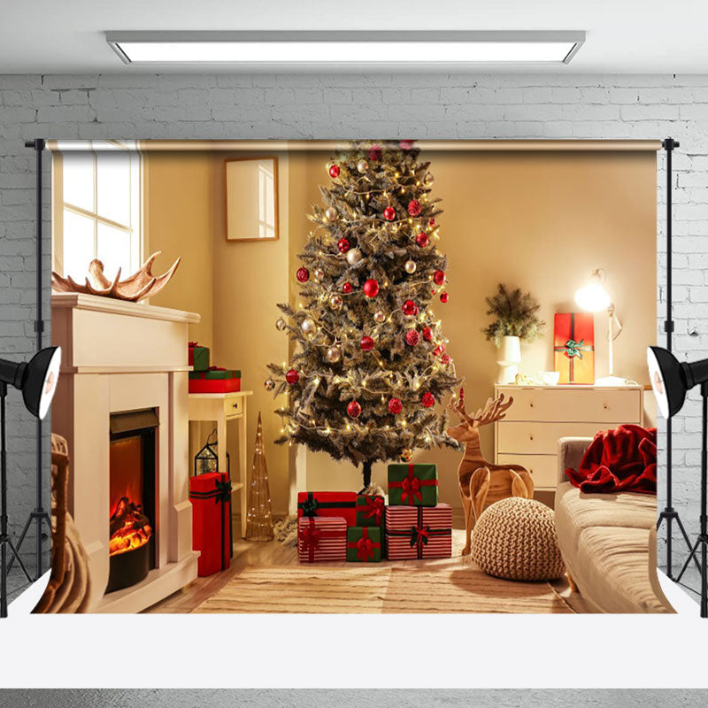 Aperturee - Aperturee Warm Festive Room Fireplace Christmas Tree Backdrop