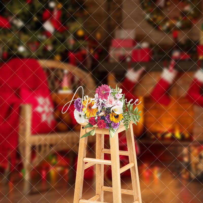 Aperturee - Aperturee Warm Fireplace Chair Greenery Christmas Backdrop