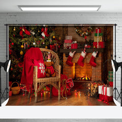 Aperturee - Aperturee Warm Fireplace Chair Greenery Christmas Backdrop