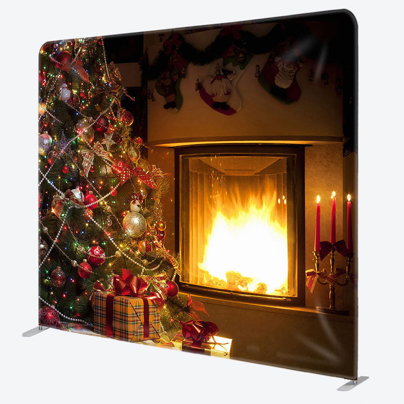 Aperturee - Aperturee Warm Fireplace Christmas Tree Tension Fabric Backdrop