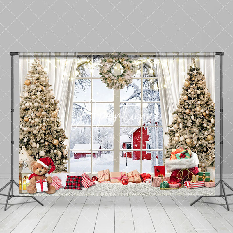 Aperturee - Aperturee Warm Home Teddy Bear Window Snow Cabin Xmas Backdrop