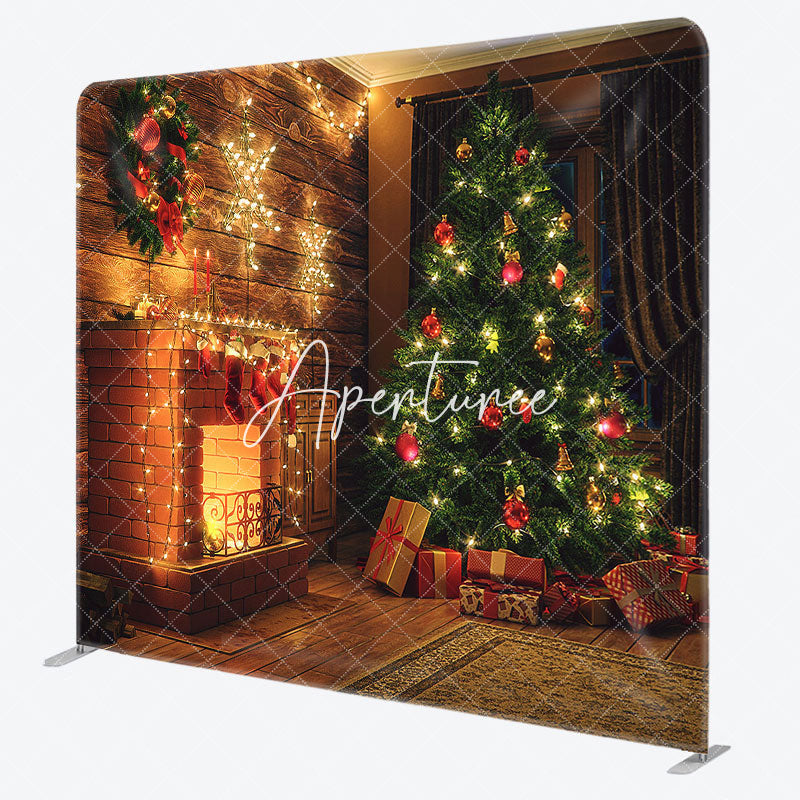 Aperturee - Aperturee Warm Light Fireplace Xmas Tree Pillow Cover Backdrop