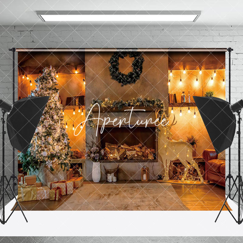 Aperturee - Aperturee Warm Light Retro Fireplace Christmas Tree Backdrop