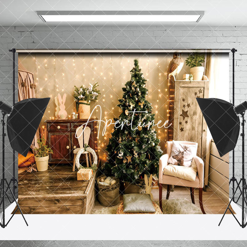 Aperturee - Aperturee Warm Living Room Cabinet Tree Owl Christmas Backdrop