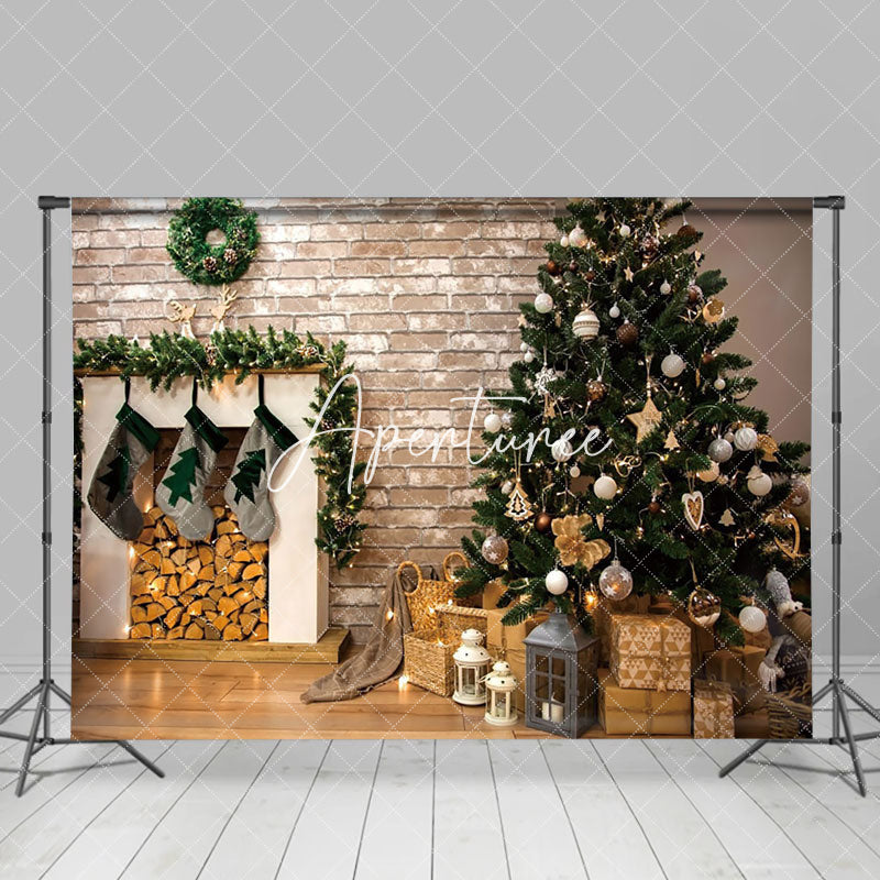 Aperturee - Aperturee Warm Log Style Trees Fireplace Christmas Backdrop