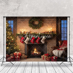 Aperturee - Aperturee Warm Room Fireplace Tree Sock Christmas Backdrop