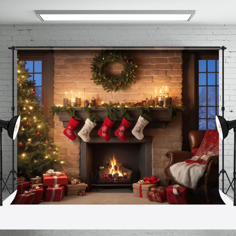 Aperturee - Aperturee Warm Room Fireplace Tree Sock Christmas Backdrop