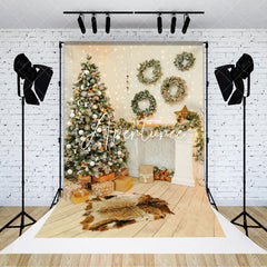 Aperturee - Aperturee Warm Room Wreath Fireplace Tree Christmas Backdrop