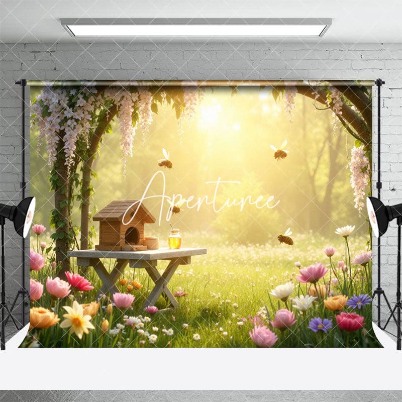 Aperturee - Aperturee Warm Sunlight Spring Bee Floral Garden Photo Backdrop