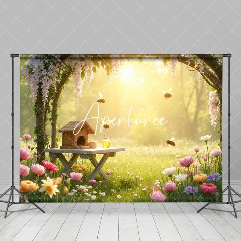 Aperturee - Aperturee Warm Sunlight Spring Bee Floral Garden Photo Backdrop