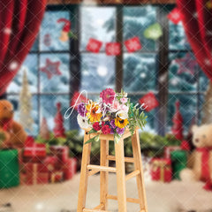 Aperturee - Aperturee Warm Window Bear Red Curtain Christmas Backdrop