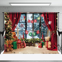 Aperturee - Aperturee Warm Window Bear Red Curtain Christmas Backdrop