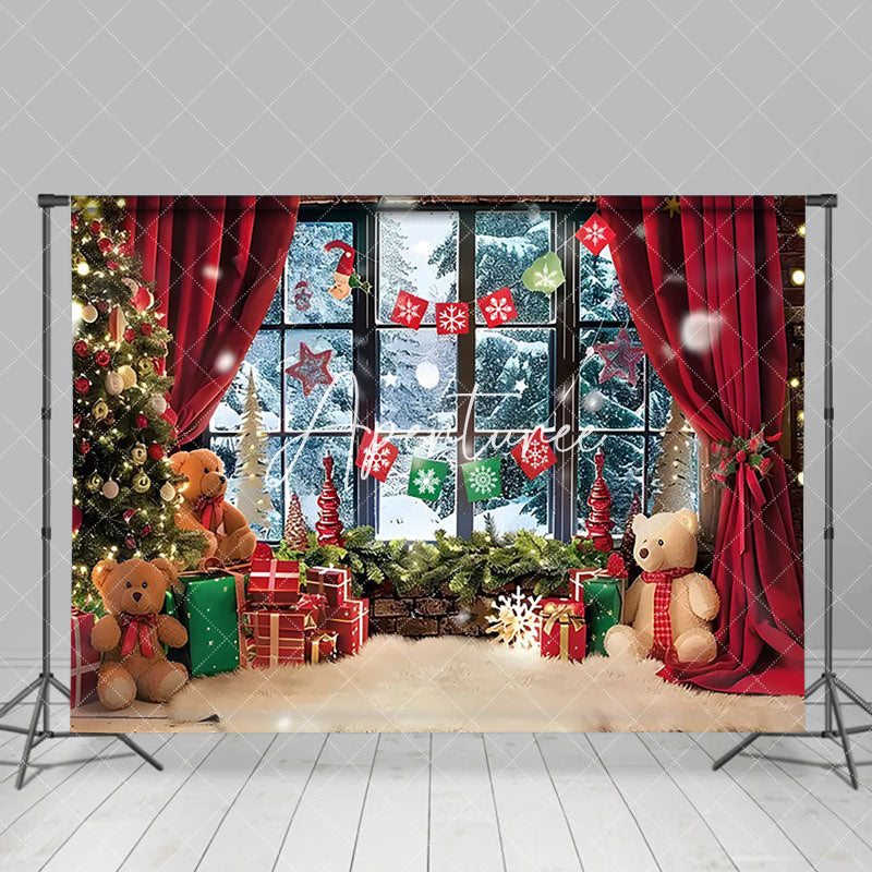 Aperturee - Aperturee Warm Window Bear Red Curtain Christmas Backdrop