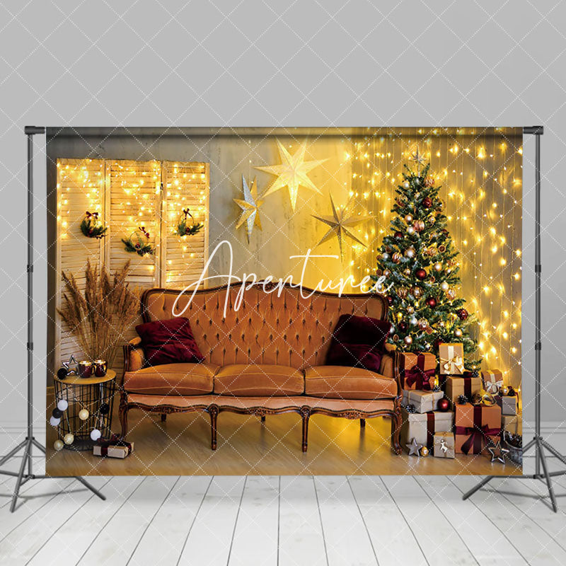 Aperturee - Aperturee Warm Yellow Light Room Sofa Trees Christmas Backdrop