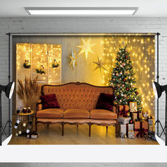 Aperturee - Aperturee Warm Yellow Light Room Sofa Trees Christmas Backdrop