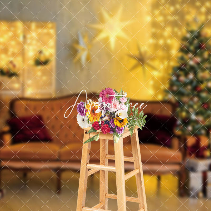 Aperturee - Aperturee Warm Yellow Light Room Sofa Trees Christmas Backdrop