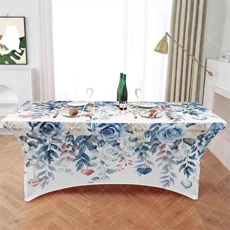 Aperturee - Aperturee Watercolor Blossom Flower Leaves Stretch Table Cover