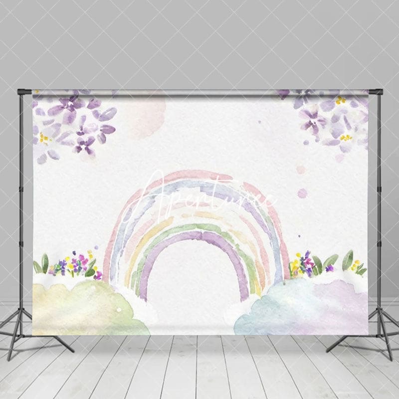 Aperturee - Aperturee Watercolor Floral Cloud Rainbow Cake Smash Backdrop